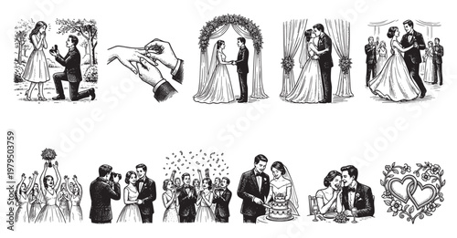 This collection of black and white line art illustrations depicts various stages of a wedding, from proposal to reception celebration, capturing joyous moments with elegant figures.