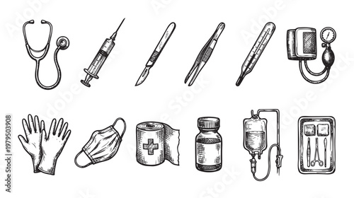A vintage hand-drawn sketch collection of essential medical instruments and supplies, perfect for health and science-related projects.