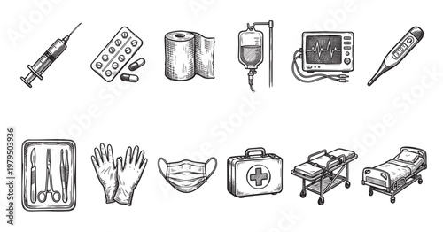 A hand-drawn collection of essential medical supplies and equipment, including a syringe, pills, bandages, IV bag, monitor, thermometer, surgical tools, gloves, mask, first aid kit, stretcher, and bed