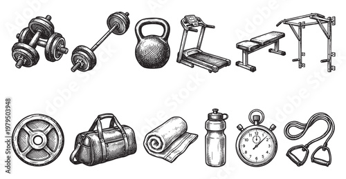 A collection of vintage-style illustrations of fitness equipment, including dumbbells, a barbell, kettlebell, treadmill, weight bench, pull-up bar, and accessories.