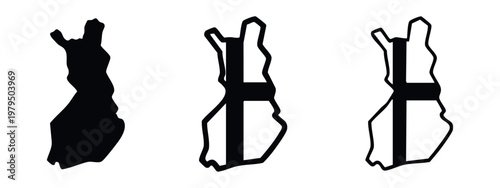 Finland map with cross silhouette, outline, and line art on white background