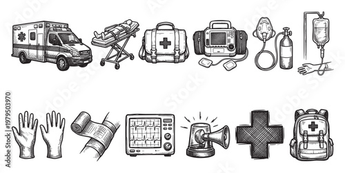 A collection of medical emergency equipment and supplies is depicted in a detailed hand-drawn sketch style, useful for healthcare and rescue themes.