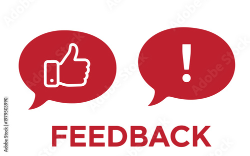 Red speech bubbles with thumbs up and exclamation mark, "feedback" text