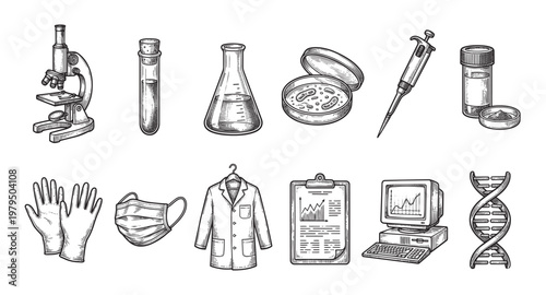 A vintage sketch of scientific research items like a microscope, test tubes, and DNA, ideal for medical or academic themes.