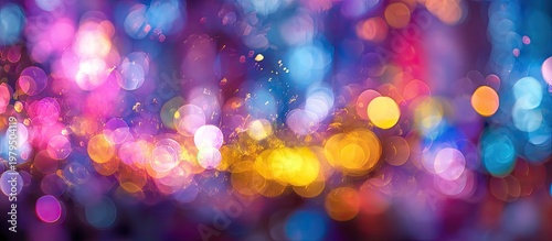 Vibrant abstract bokeh lights create a festive, blurry background with colorful glow © rahmat