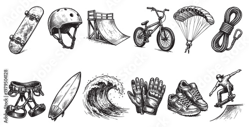 Hand-drawn sketch of various extreme sports equipment including a skateboard, helmet, ramp, BMX bike, parachute, rope, harness, surfboard, wave, gloves, and shoes.