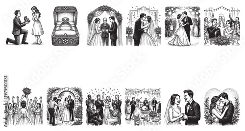 A collection of vintage-style black and white illustrations depicting various wedding moments from proposal to reception, ideal for invitations or storytelling.