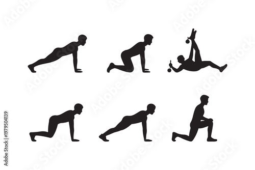 A series of six human figures performing dynamic exercises on transparent background silhouette