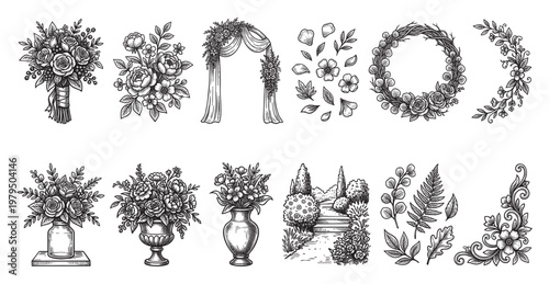 A collection of hand-drawn black and white floral elements, including bouquets, wedding arch, wreaths, vases, and garden path, ideal for vintage or romantic designs.