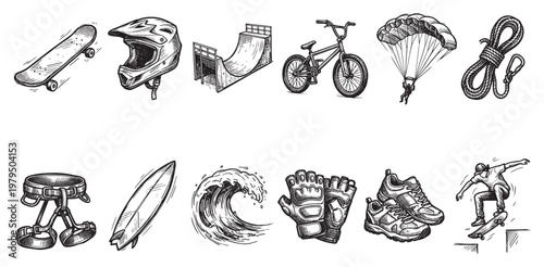 A collection of black and white hand-drawn illustrations depicts various extreme sports gear, including a skateboard, helmet, ramp, BMX bike, parachute, rope, surfboard, wave, gloves, shoes.