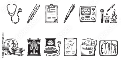 A hand-drawn black and white collection of medical equipment and diagnostic tools, representing healthcare and research.