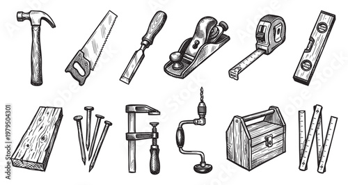 A collection of vintage woodworking tools, including a hammer, saw, chisel, plane, tape measure, level, clamp, drill, nails, wood, and toolbox, illustrated in a sketch style on a white background.
