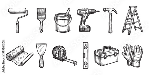 A hand-drawn collection of construction and renovation tools, including a paint roller, brush, bucket, drill, hammer, ladder, wallpaper, putty knife, tape measure, level, toolbox, and gloves.