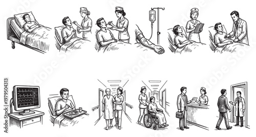 This hand-drawn collage depicts various hospital scenes, including patient care, medical examination, and assistance with mobility, showcasing the diverse aspects of healthcare services.