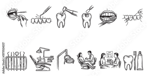 Hand drawn sketch illustrations depict various dental care procedures, equipment, and clinic scenes in a black and white line art style.