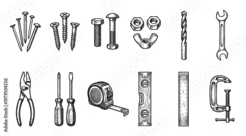 A vintage ink sketch showcases a collection of essential hand tools and fasteners, including nails, screws, bolts, nuts, a drill bit, wrench, pliers, screwdrivers, tape measure, level, ruler.