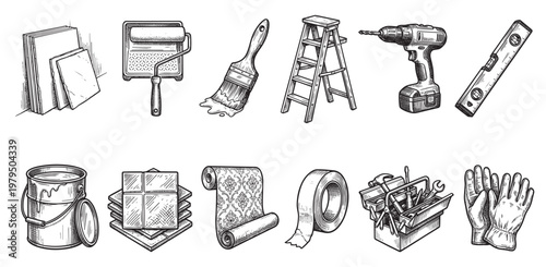 A black and white sketch shows a collection of home improvement tools including a paint can, roller, brushes, ladder, drill, level, tiles, wallpaper, tape, toolbox, and gloves.
