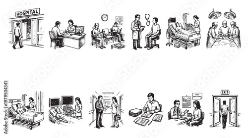 A hand-drawn illustration collage depicting various hospital scenes, including patient registration, waiting room, doctor consultations, surgery, patient care, and exit.