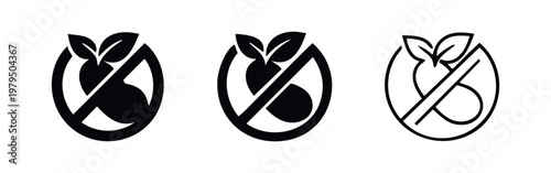 Three stylized icons representing 'no fruit' or 'no organic' symbols, in solid black, outlined black, and line art.