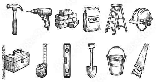 A hand-drawn collection of construction tools, including a hammer, drill, bricks, cement bag, ladder, helmet, toolbox, tape measure, level, shovel, bucket, and saw, presented in a vintage sketch style