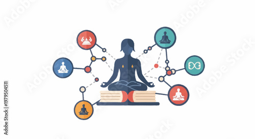 Person meditating surrounded by icons representing different life aspects.