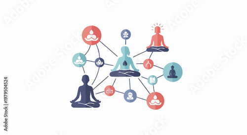 Mindfulness connection network with people meditating in lotus pose.