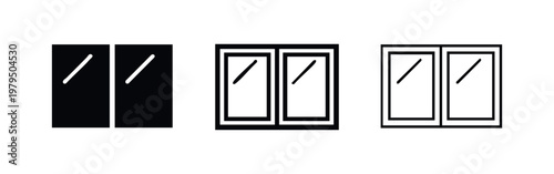 Three window icons with vertical blinds, in solid black, outlined black, and line art.