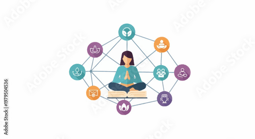 Woman meditating with open book and network of icons.