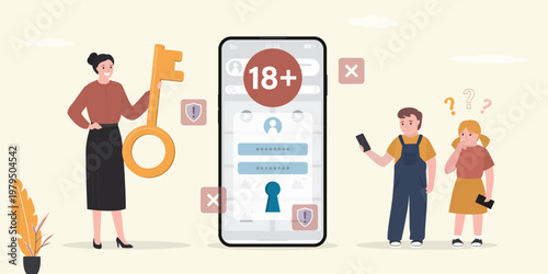 Mother holds golden key next to smartphone with an 18+ lock screen, while children look on with confusion. Digital parental control and password protection for kids.