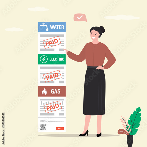 Woman stands next to large utility bill with PAID stamps for water, electricity and gas. Female character successful household expense management and financial responsibility,