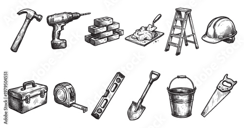 This hand-drawn sketch features a collection of construction tools and materials, including a hammer, drill, bricks, trowel, ladder, and hard hat, all rendered in black and white.