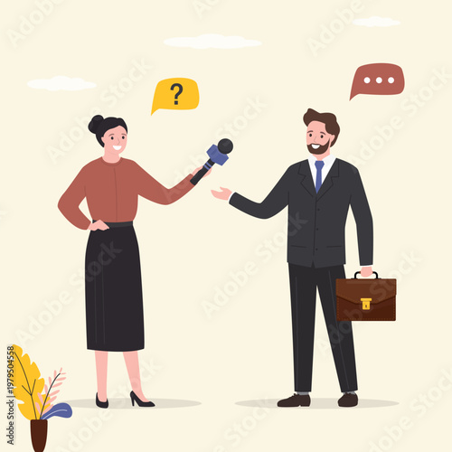 Female reporter interviews a businessman. The journalist uses a microphone and speaks to a male politician