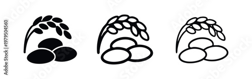 Three icons of rice grains and a stalk, in solid black, outlined black, and line art.