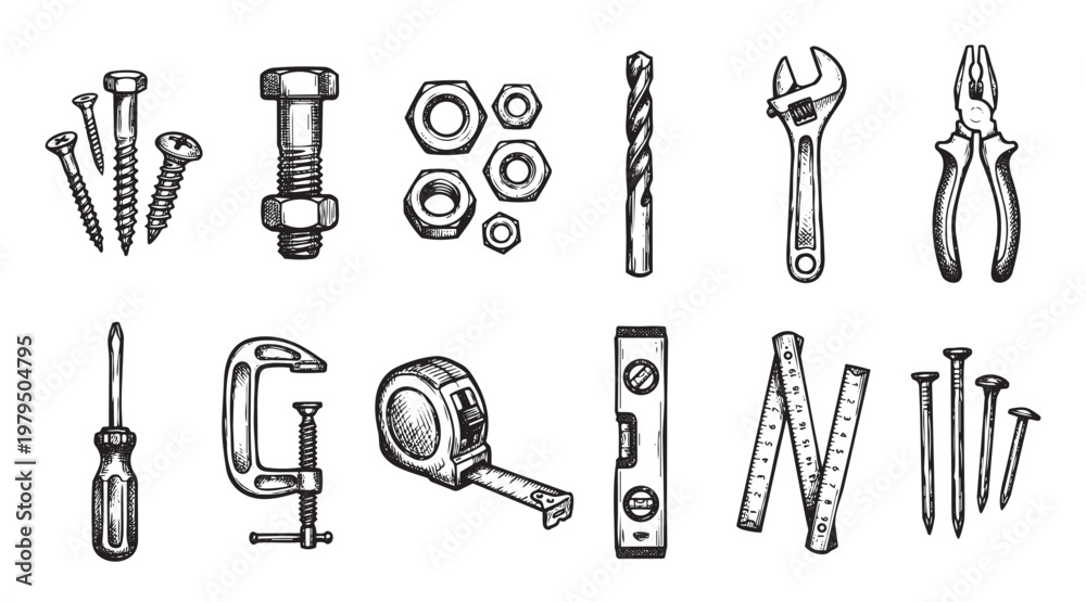 Obraz premium A collection of hand-drawn illustrations of various construction tools and fasteners, presented in a sketch style on a white background, perfect for DIY or renovation concepts.
