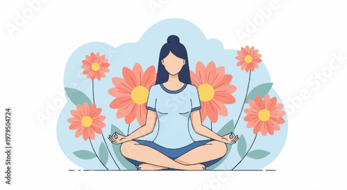 Woman meditating peacefully surrounded by vibrant flowers and green leaves.