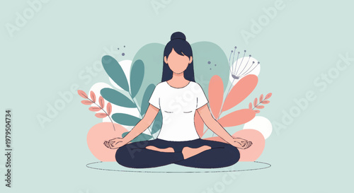 Woman meditating in lotus pose surrounded by plants.
