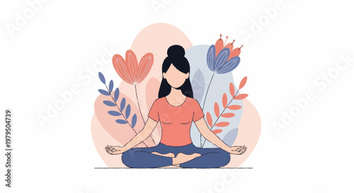 Woman meditating peacefully in lotus pose surrounded by abstract floral elements.