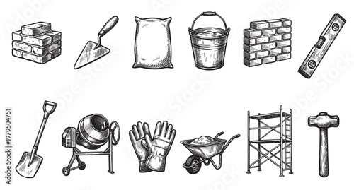 A hand-drawn illustration showcases a collection of essential construction tools and materials, including bricks, trowel, cement bag, bucket, level, shovel, mixer, gloves, wheelbarrow, scaffold.