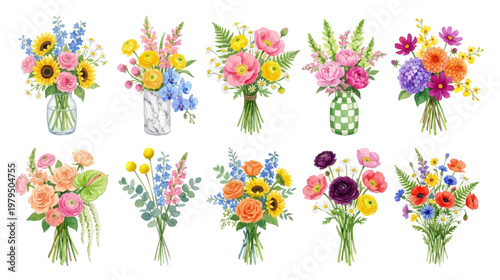Cuadro en lienzo Bright watercolor flower arrangements with garden style and natural design