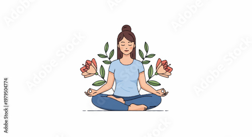 Woman meditating peacefully surrounded by flowers and leaves.