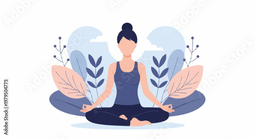 Woman meditating in lotus pose surrounded by abstract nature elements.