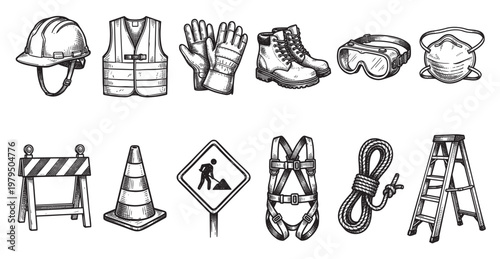 A collection of hand-drawn illustrations depicting essential construction safety equipment, including a hard hat, vest, gloves, boots, goggles, mask, barrier, cone, sign, harness, rope, and ladder.