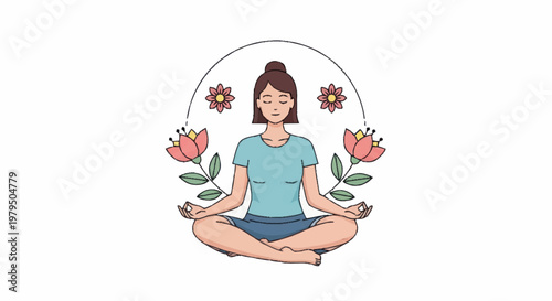 Woman meditating in lotus pose with flowers and calming aura.