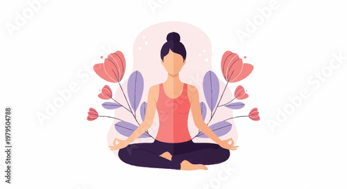 Woman meditating in lotus pose surrounded by flowers and leaves.