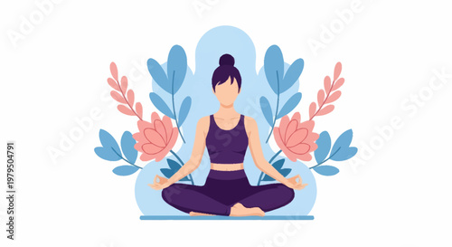Woman practicing yoga meditation in lotus pose surrounded by plants.