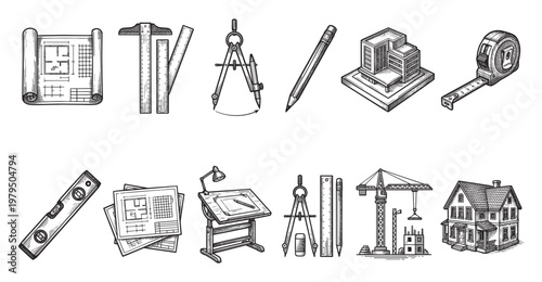 A collection of hand-drawn architectural and construction tools and elements arranged for design and blueprint concepts, featuring blueprints, rulers, compasses, pencils, buildings, and cranes.