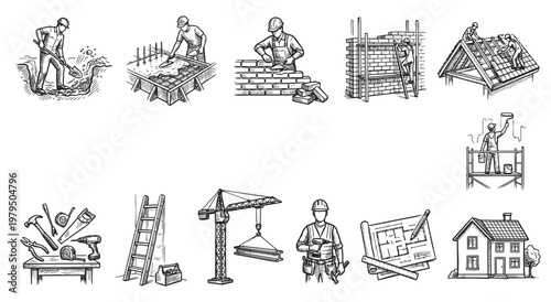 A hand-drawn illustration depicting various stages of construction, from digging and pouring concrete to bricklaying and roofing, with tools and a finished house.