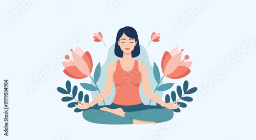 Woman meditating peacefully surrounded by flowers and leaves.