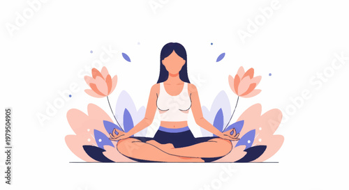Woman meditating in lotus pose surrounded by flowers and leaves.