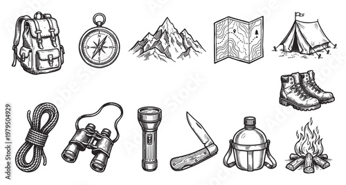 A collection of hand-drawn line art illustrations depicts essential camping and hiking equipment, perfect for adventure and outdoor themes.